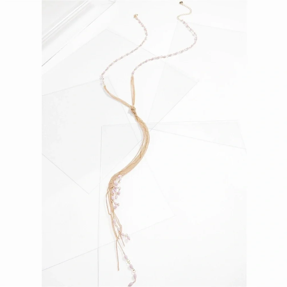 NEW Whimsical Mauve Mixed Stones & Chain Knotted Tassel Necklace